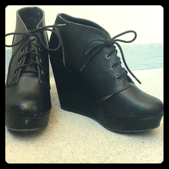 Faux leather black lace up ankle boots